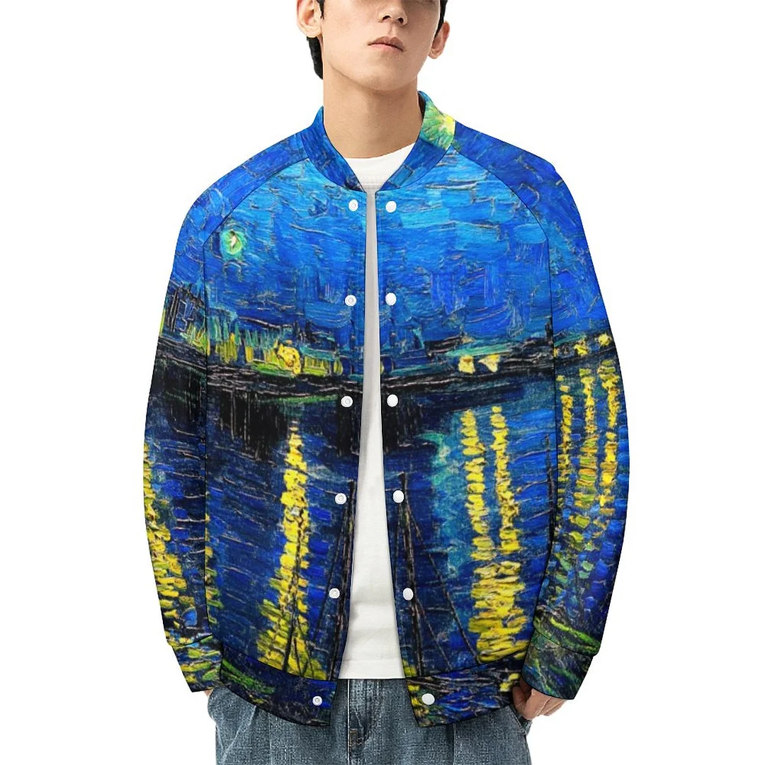 Starry Night Over The Rhone By Vincent Van Gogh Women Single Breasted Bomber Jacket Men Stand Collar Varsity Coat Outfit