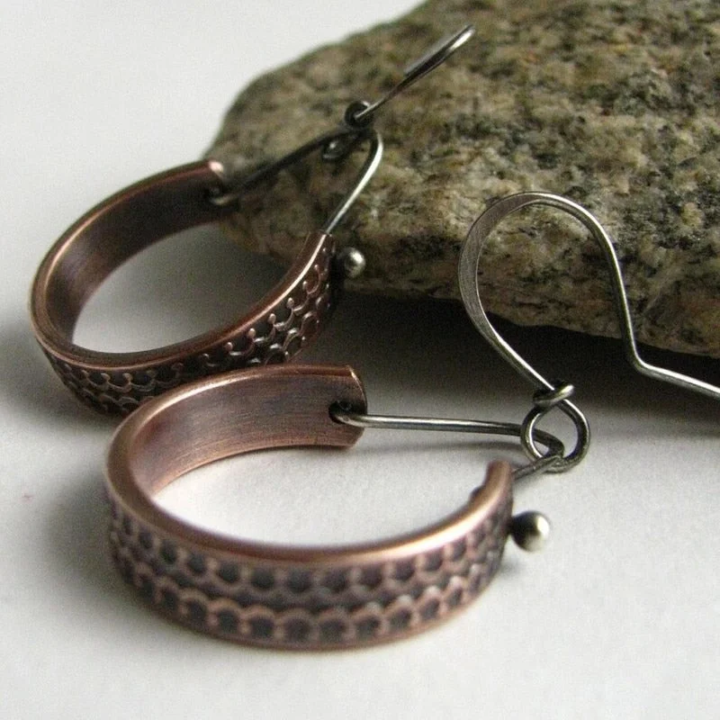 Vintage Boho Half Round Handmade Engraved Pattern Earrings Ladies Bronze Elegant Generous Hook Earring Wedding Jewelry