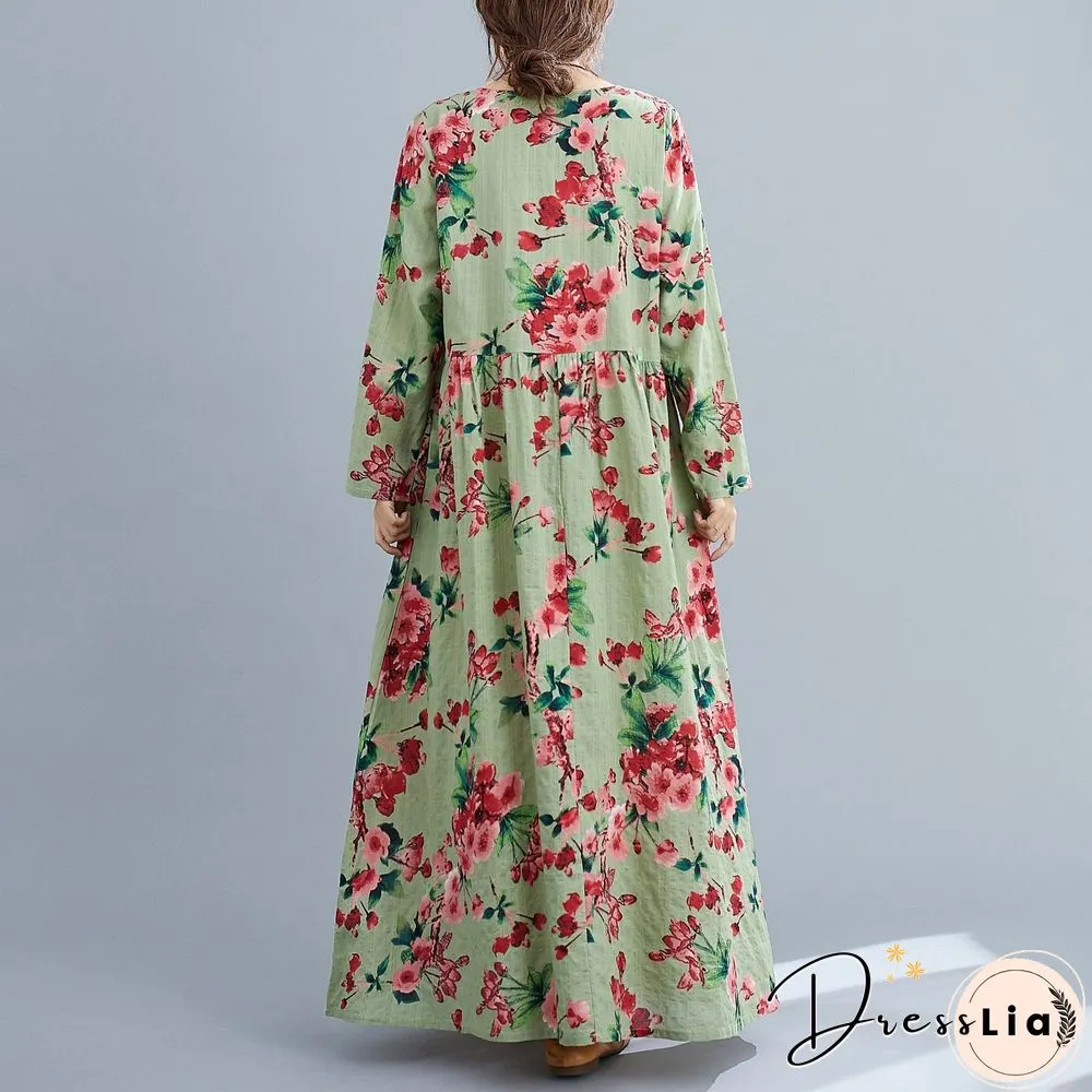 Loose Cotton Linen Printed Long Sleeve Swing Maxi Dress