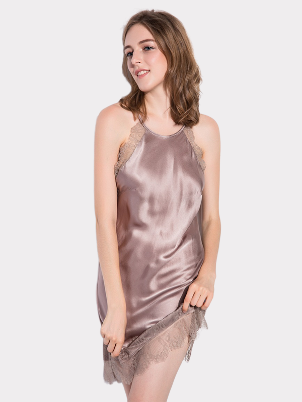 19 Momme Silk Lacey Backless Nightgown-Real Silk Life