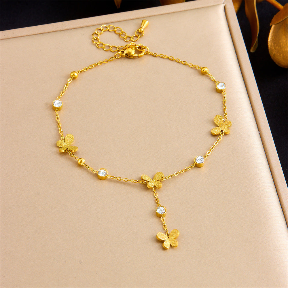 Fashionable And Simple Style Hanging Tassel Stainless Steel Diamond Heart Butterfly Flower Accessories Gold-Plated Anklet