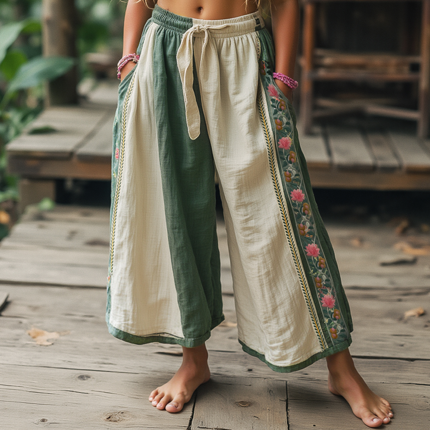 Women's Vintage Embroidered Cotton And Linen Long Wide Leg Loafers
