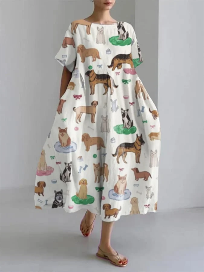 Women's Dog Lots Of Print Round Neck Short Sleeve Linen Blend Dress