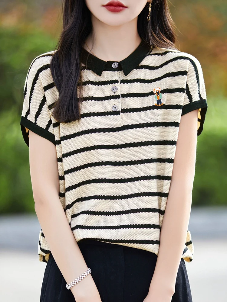 Athvotar Athvotar Polo Collar Short-Sleeved T-Shirt Women's 2025 New Fine-Spinning Wool Embroidered Age-Down Knitted Vest Top