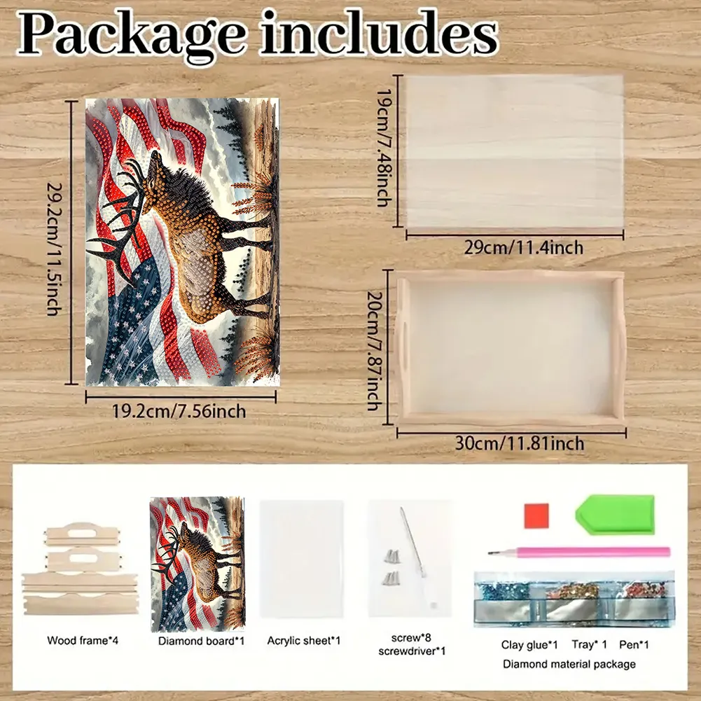 5D DIY Wooden US Flag Deer Diamond Painting Tray Art Craft for Desk Coffee Table