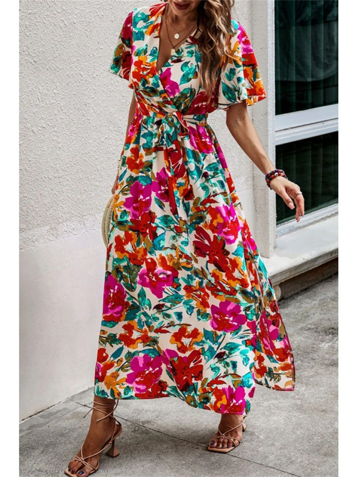 Dress Summer Temperament Commuter Women's New Explosive V-neck Lacing Open Print Irregular Long Dress