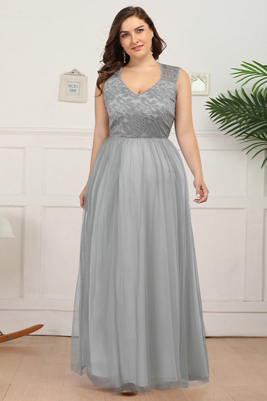 grey lace long plus size prom dress