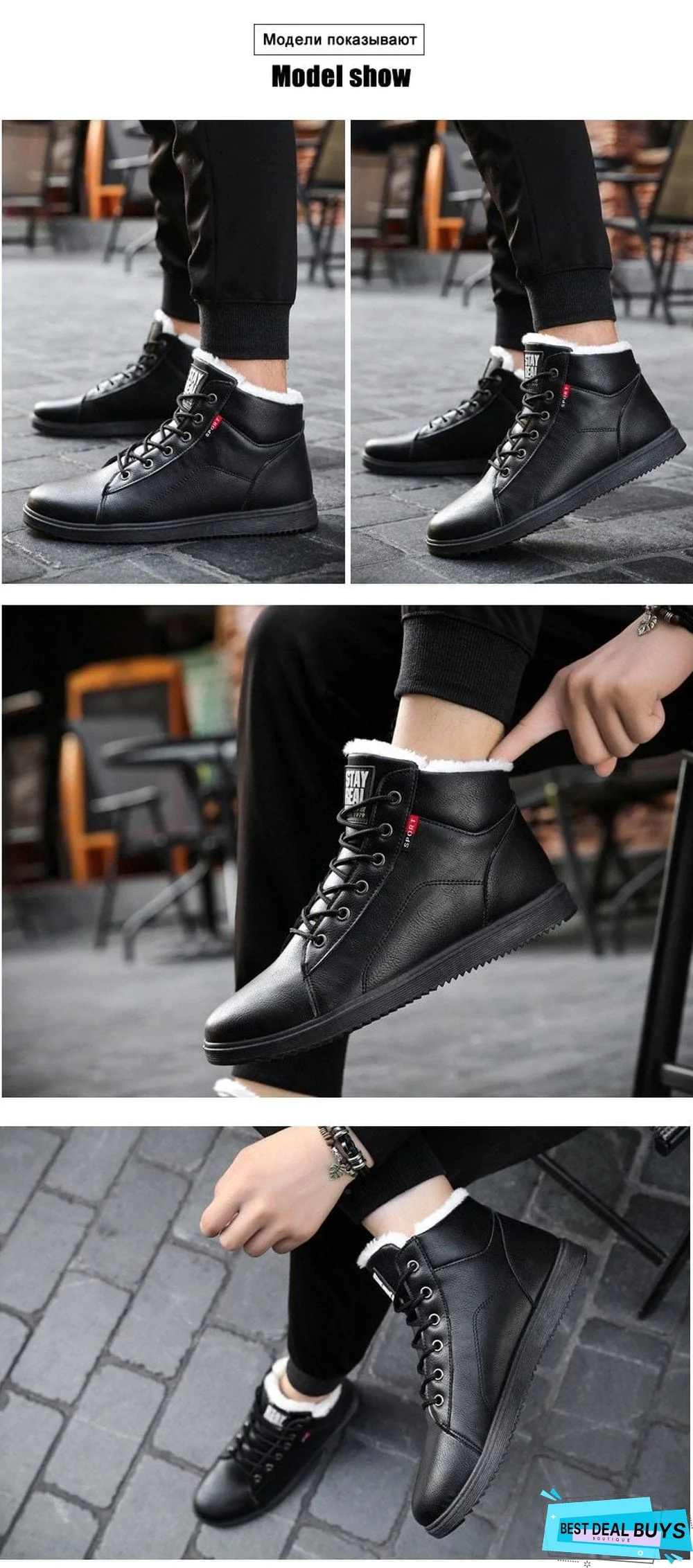 Men's Winter Boots Waterproof Short Plush Solid Fashion Ankle Boots Round Toe Wear-Resistant Male Boot