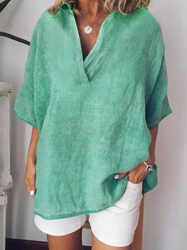 Linen Short Sleeve Solid Casual Shirts Blouses Zaesvini