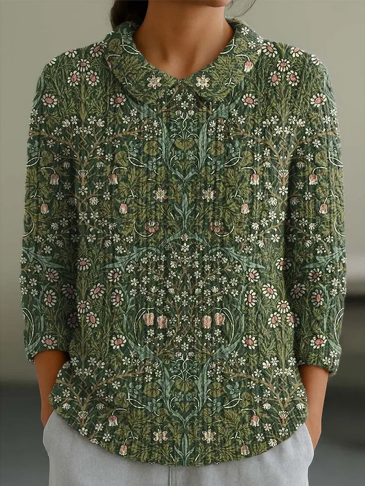 Women's Vintage Floral Art Print Casual Peter Pan Collar 3/4 Sleeve Sweater