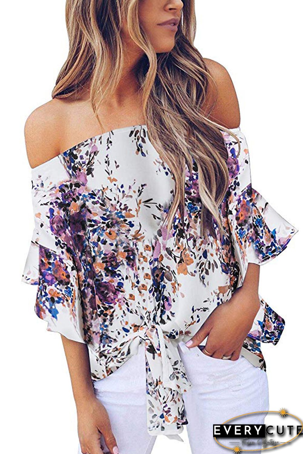 Purple Off Shoulder Floral Tie Front High Low Chiffon Blouse