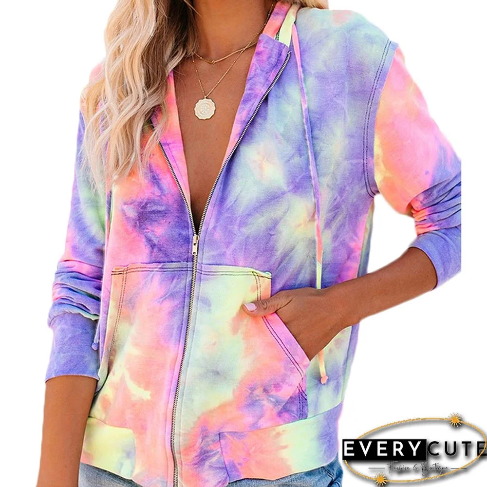Purple Zip Up Kangaroo Pocket Tie Dye Hoodie