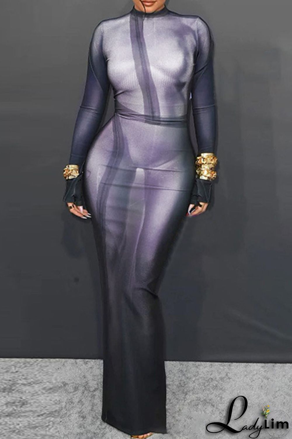 Black Fashion Casual Print Slit O Neck Long Sleeve Dresses