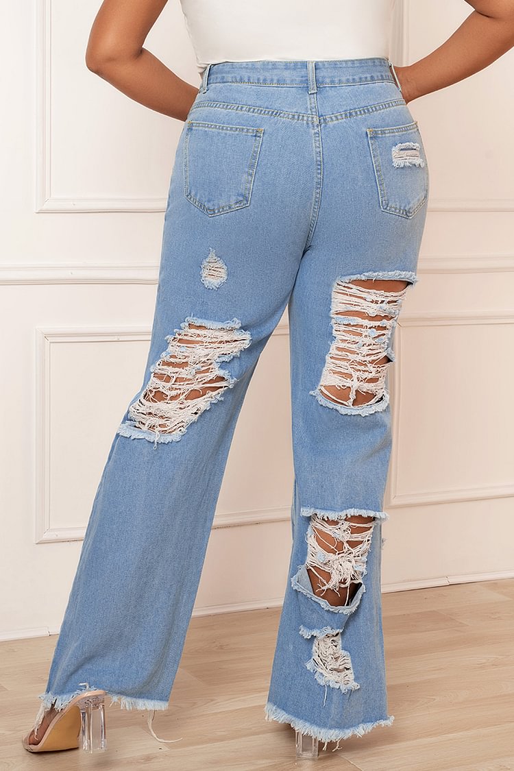 Xpluswear Design Plus Size Casual Blue Hollowed Out Wide Leg Distressed Jeans