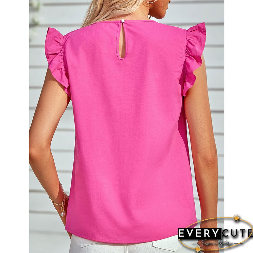 Pink Spliced Lace Neck Ruffled Sleeve Tank Top