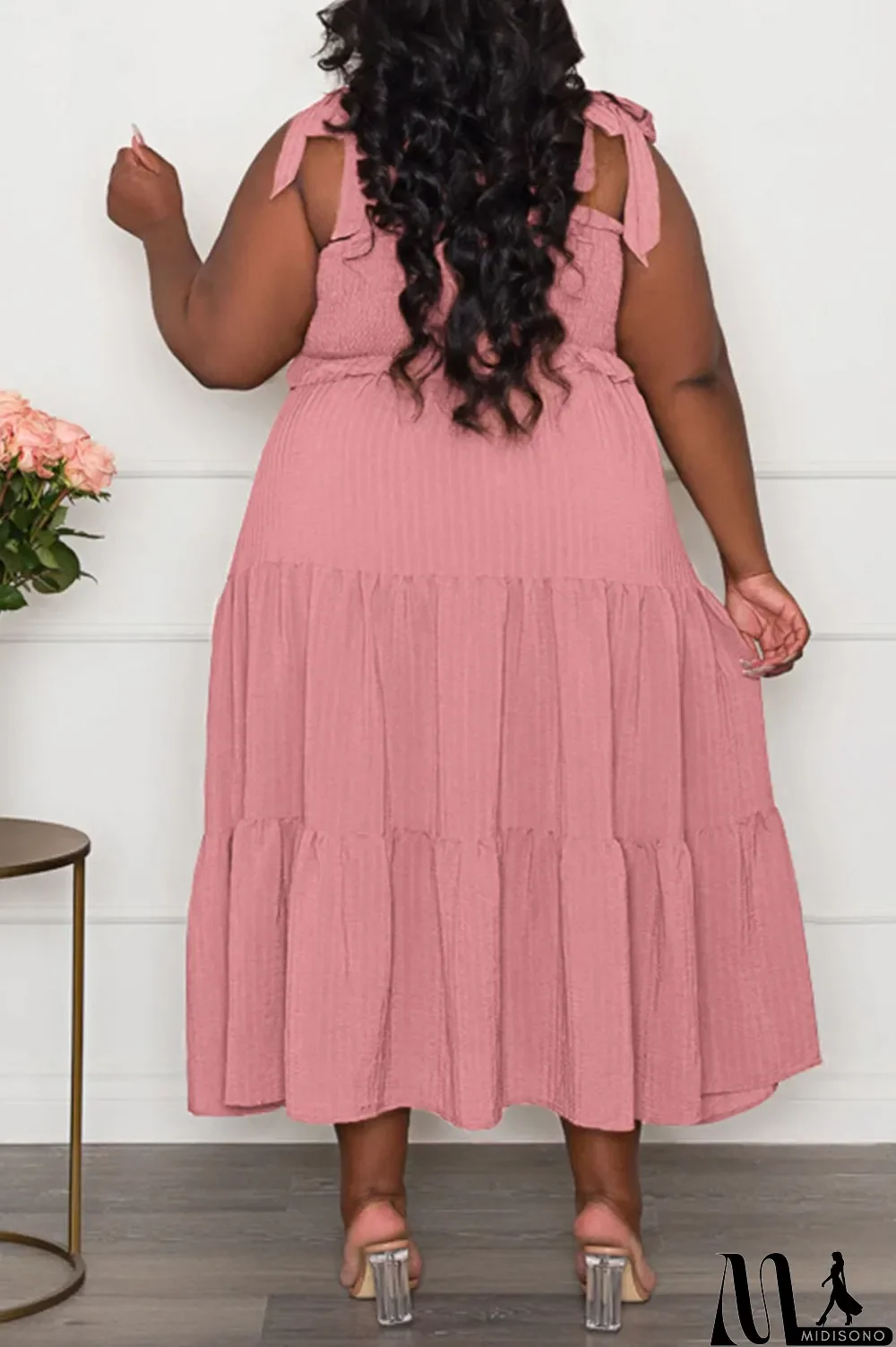 MidiSono - Pink Casual Sweet Solid Bandage Patchwork Fold Spaghetti Strap Sling Dress Plus Size Dresses