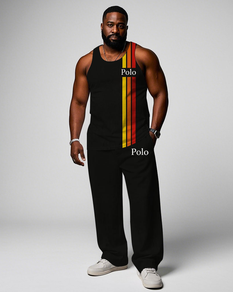 Men's Plus Size Black & Red Colorblock Chest Small Label Printed Casual Vest Trousers Suit