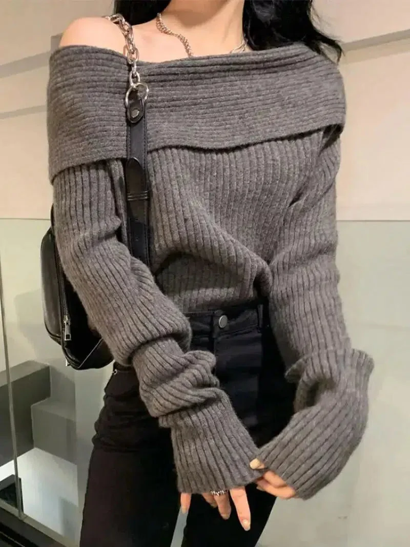 Brownm Off Shoulder Knitted Sweater