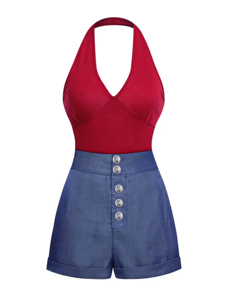 Red Bodysuit & Denim Blue Buttons Shorts