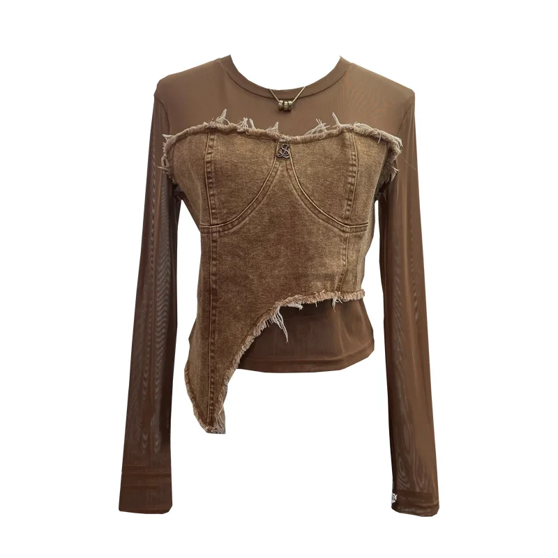 Churchf Design Feel Niche Cowboy Splicing Long-Sleeved Mesh T-Shirt Girl Summer Round Collar Dress Short Top 2617