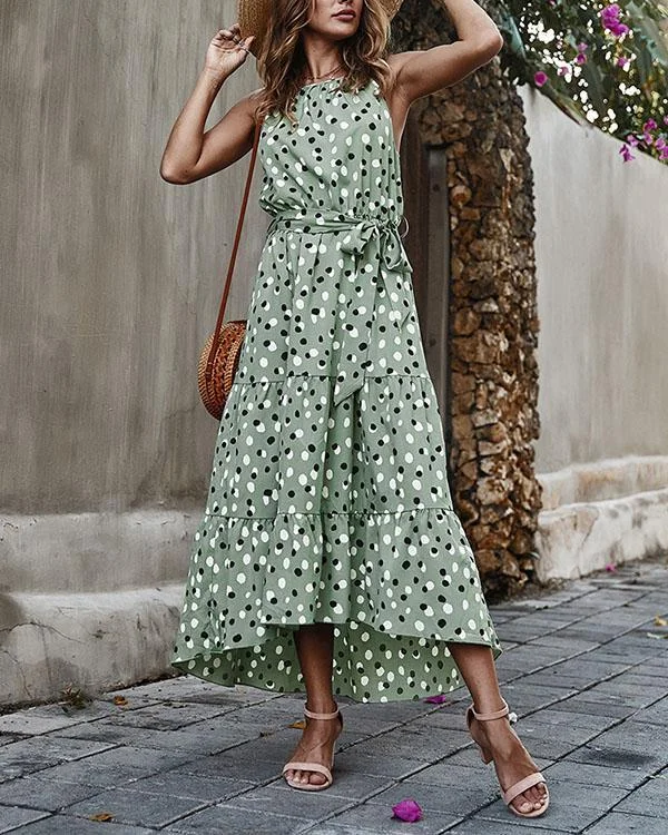 Polka Dot Frilled Front Collar Halter Neck Lace-up Holiday Maxi Dresses