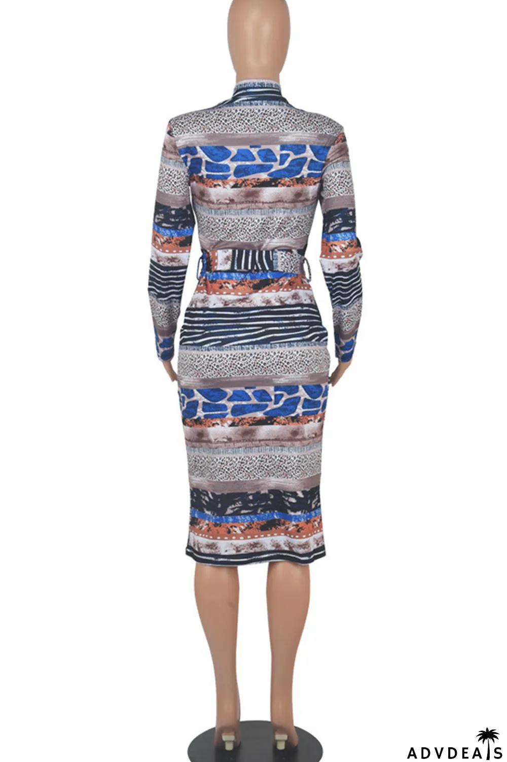 Yellow Blue Casual Print Patchwork With Belt Zipper Collar One Step Skirt Dresses