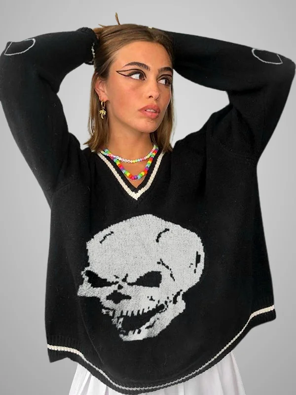 V Neck Skull Pattern Long Sleeve Contrast Binding Sweater