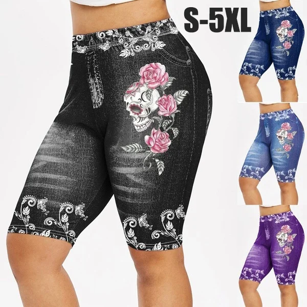 Women Fashion Skinny Skull Flower Print Casual Jeggings Yoga Leggings Faux 3D Denim Jean Shorts Pants Plus Size S-5XL
