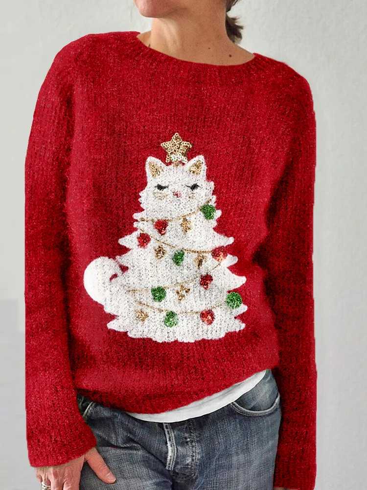 Comstylish Cute Christmas Cat Tree Graphic Cozy Sweater