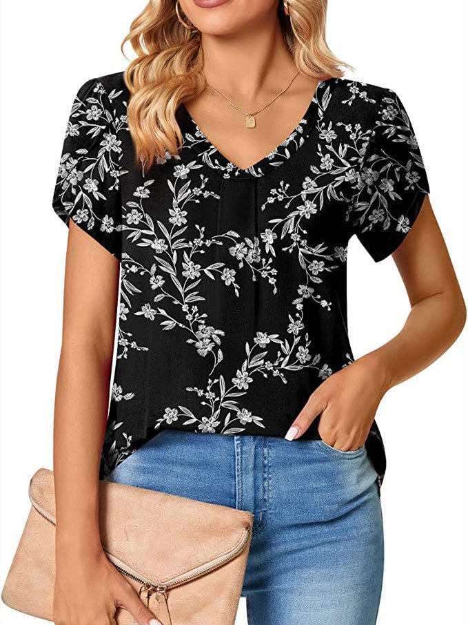 Women's Short-sleeved V-neck Geometric Flower Print Casual Top