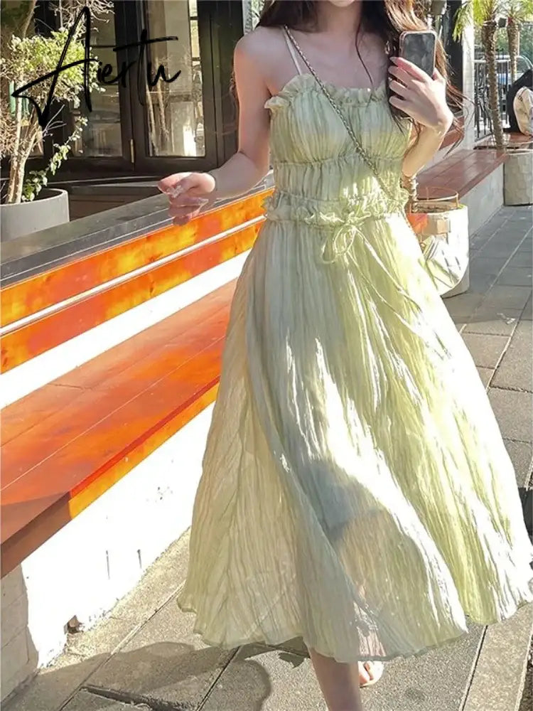 Aiertu Korean Fashion Green Cute Strap Dress Women Sweet Elegant Party Midi Dress Female Chiffon France Boho Beach Dress  Summer Aiertu
