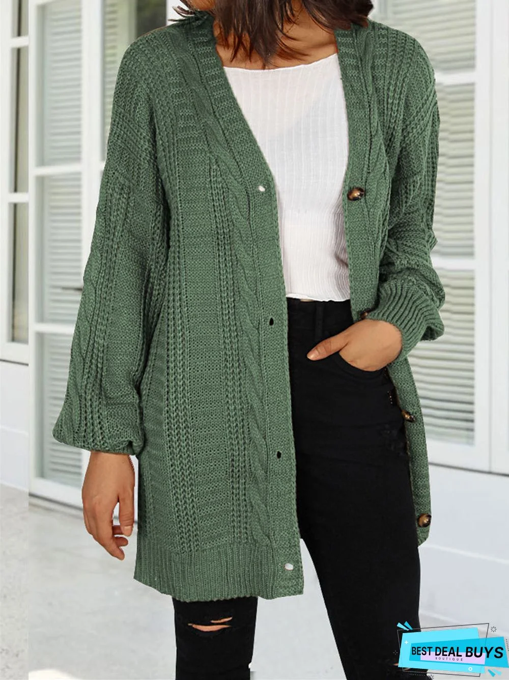 Solid Color V-Neck Lantern Sleeve Cardigan Sweater