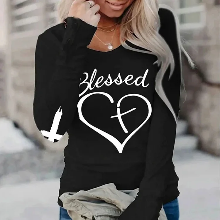 Wearshes Women's Blessed Cross Print T-Shirt
