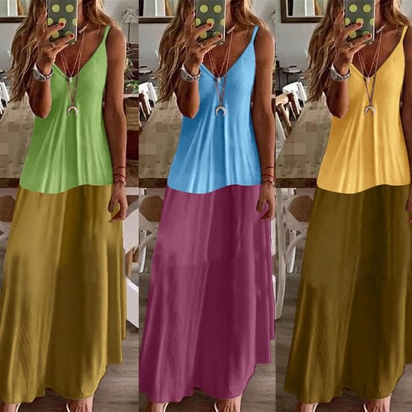 Womens Summer Color Block Beach Boho Sundress Loose V Neck Sleeveless Slip Long Maxi Dresses S-XXL - Shop Trendy Women's Clothing | LoverChic