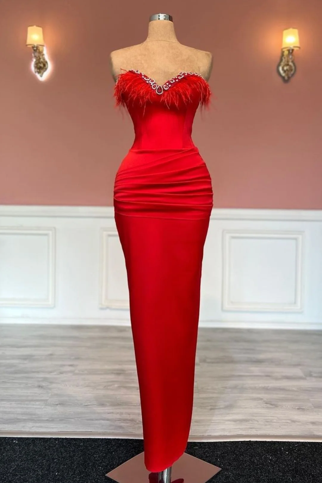 Lisliy Prom Dress Red Long Sleeveless Tassel Decoration Sweetheart Satin 