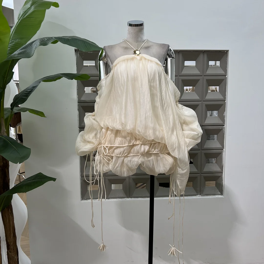 Billionm Summer Time Pure Romantic Lysula With Folded Puffs Folded Puffs Hanging Neck-Luff Dress Thin