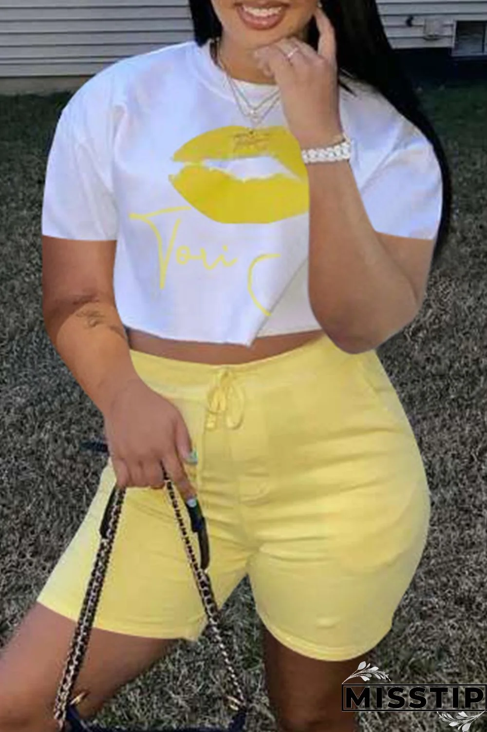 Yellow Fashion Casual Letter Lips Printed Basic O Neck Short Sleeve Two Pieces