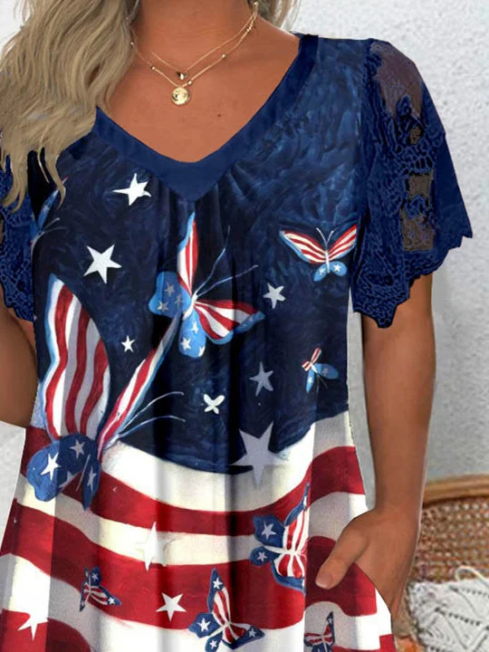 Women's Short Sleeve V-neck Graphic Lace Pockets Tops