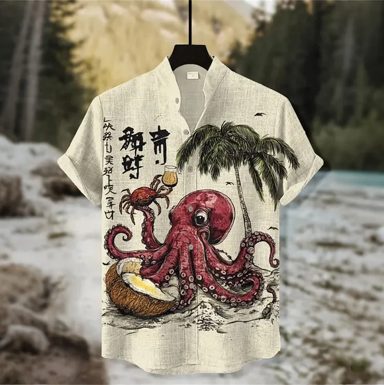 Men's Retro Casual Octopus Beach Design Short-sleeve Shirt