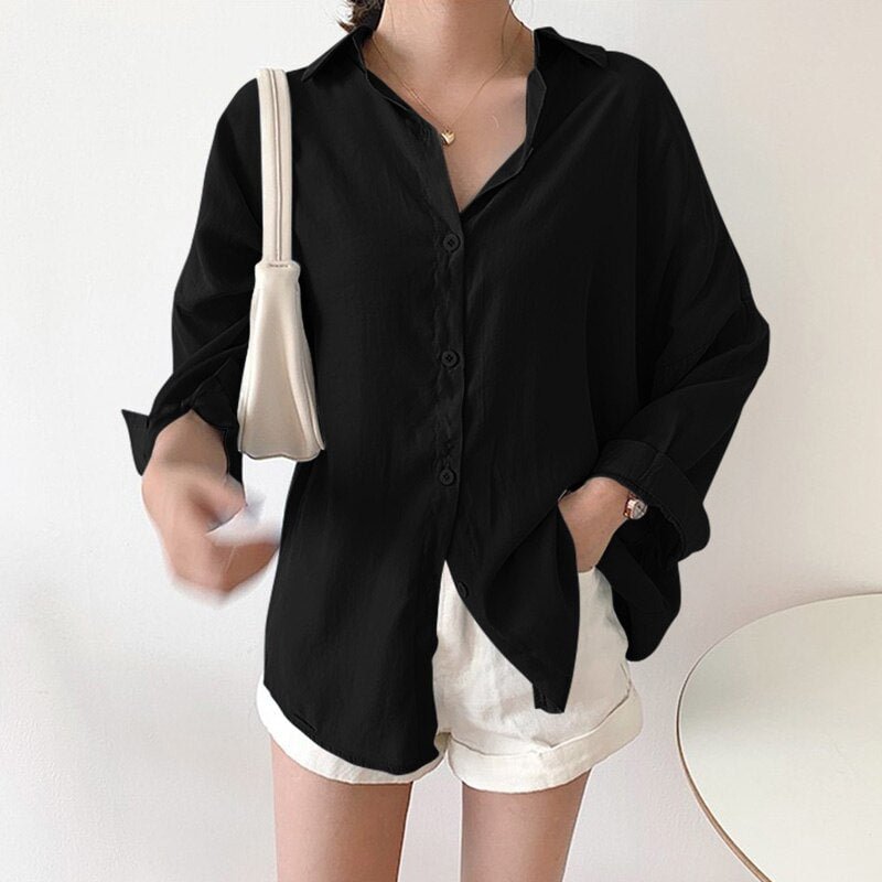 ZANZEA Elegant Streetwear Full Sleeve Blusas Casual Summer Buttons Tops Turn-Down-Collar Chemise Femme Solid  Loose Blouses