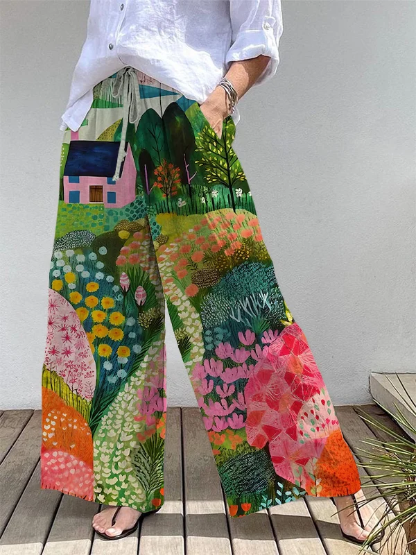 Women's Village Garden Flowers Printed Casual Pants