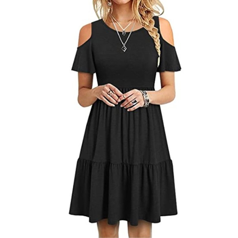 Fashionable Short Sleeve Off-the-shoulder Dress Black Dresses | EGEMISS