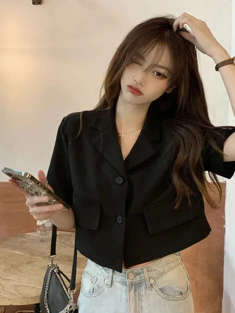 Huiketi Korean Women Thin Blazer Summer Short Sleeve Single Breasted Coats Fashion Turn Down Collar Female Short Jacket
