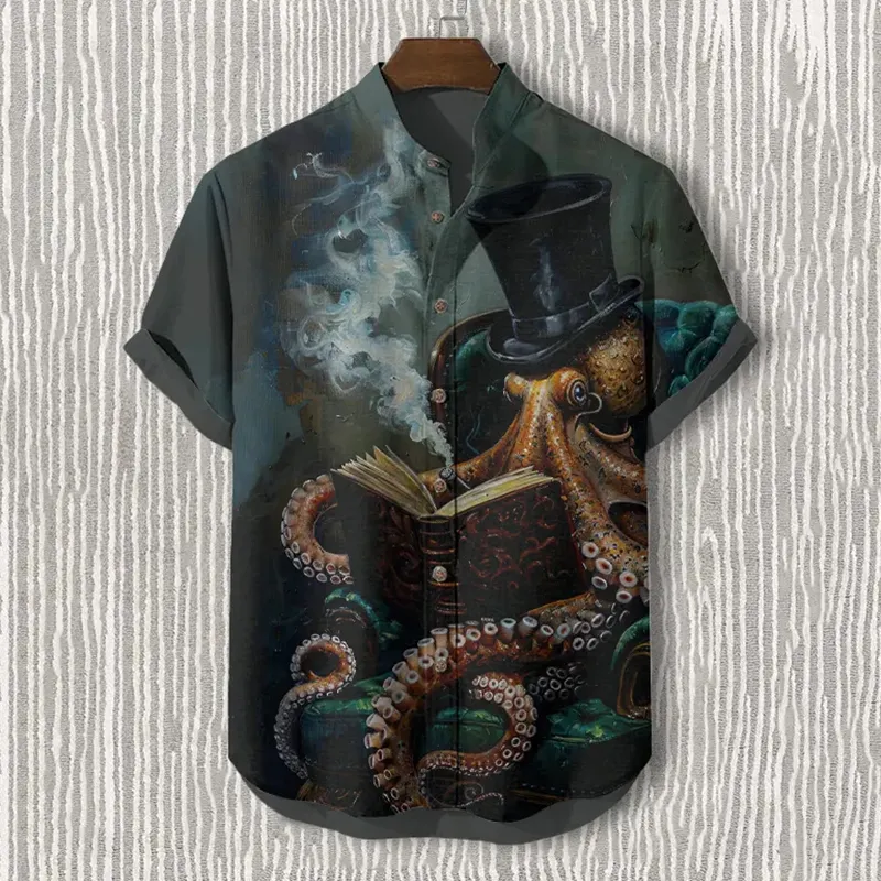 Men's Octopus Reading And Smoking A Cigar Art Print Casual Shirt  artssus