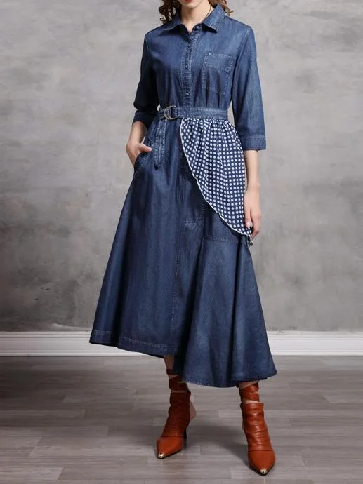 Women's Denim Stitching 3/4 Sleeve Shirt Collar Maxi Dress