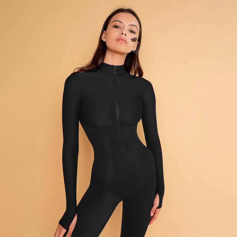 Sports Slim Waist Corset Jumpsuits Female Bodycon Rompers Zip Stitching Running Body Overalls Fitness Workout Clothes Sportswear