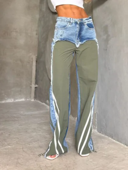 Athvotar Athvotar Hooded Spliced Jeans Women's Autumn New Mid-Rise Trousers Against The Feeling Of Bumping Striped Hair