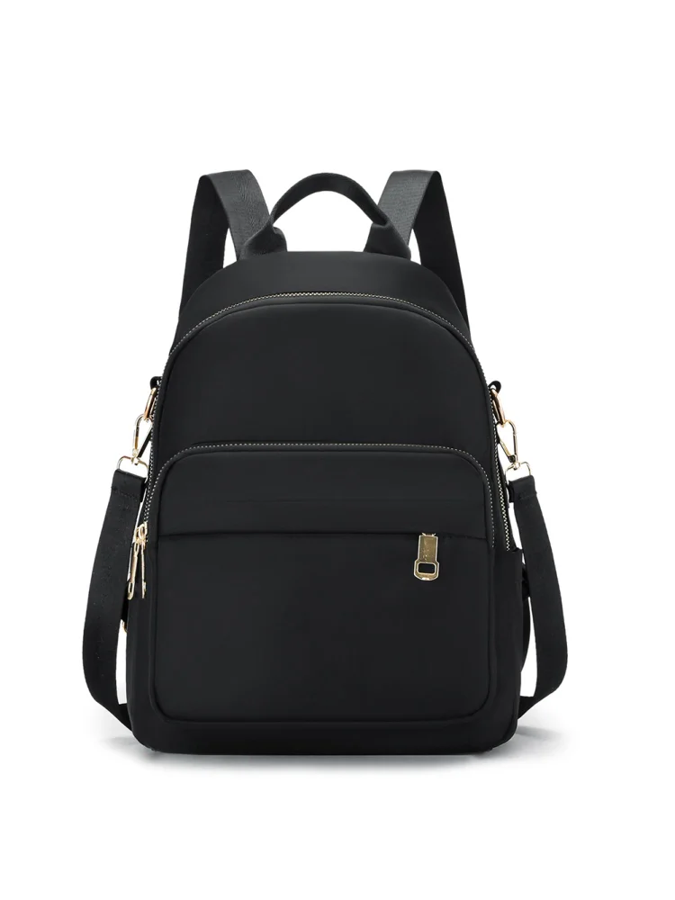 Women Nylon Solid Color Backpack Zipper Large Capacity Laptop Bag (Black)