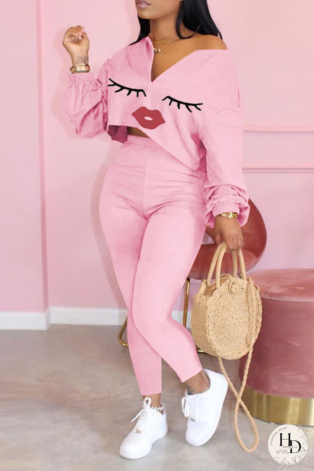 Yellow Sexy Print Lips Print pencil Long Sleeve Two Pieces