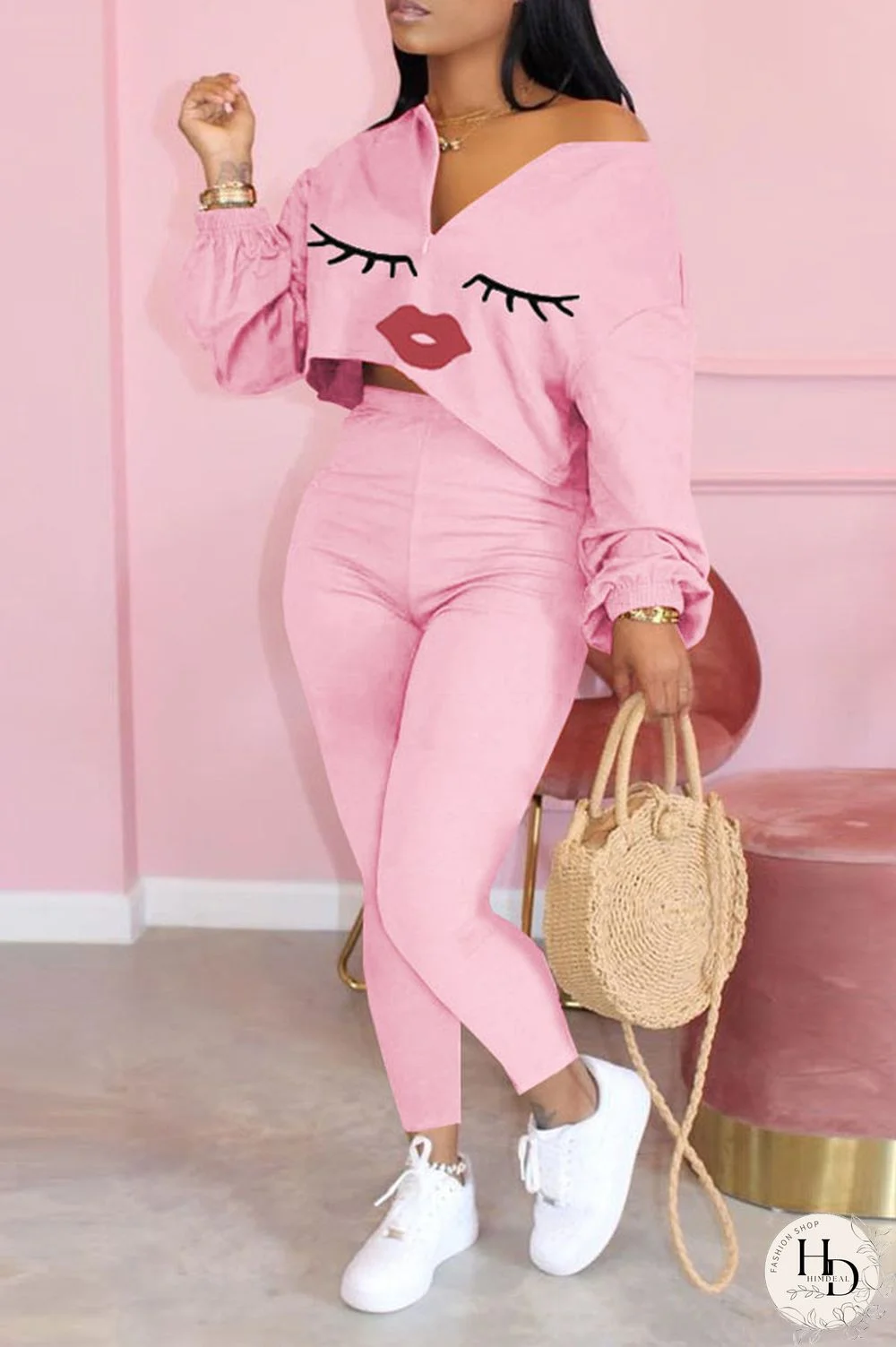 Yellow Sexy Print Lips Print pencil Long Sleeve Two Pieces